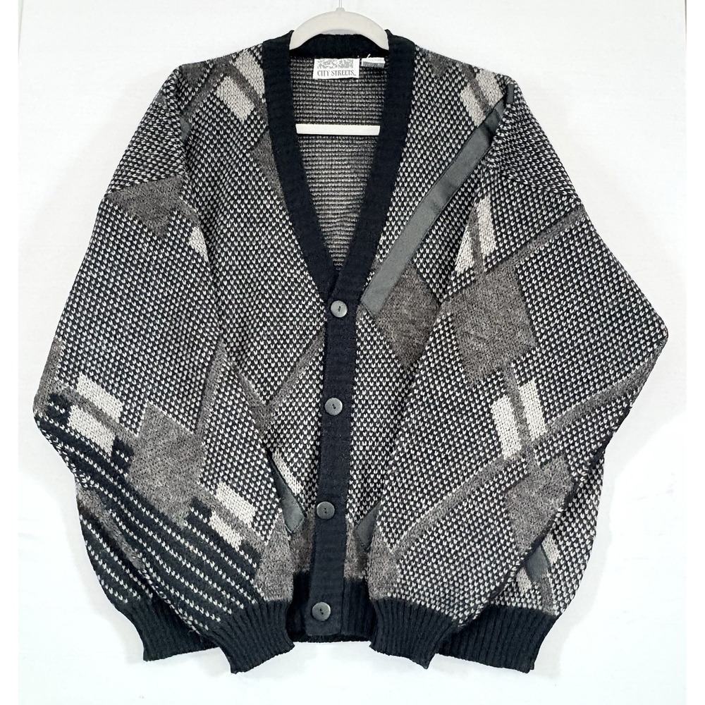 City Streets Vintage Cardigan Sweater Mens Black Gray Leather Grandpa Large